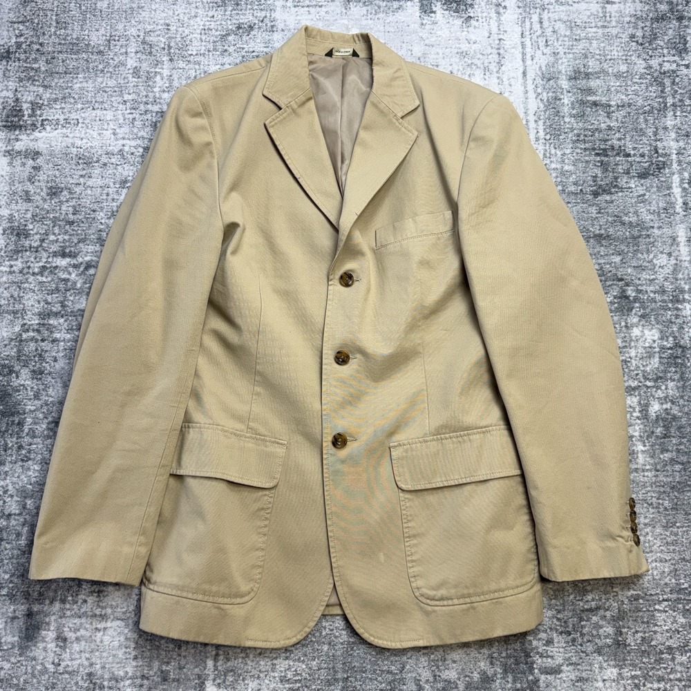 Eddie Bauer Sport Coat Mens Small Khaki Beige Canvas Blazer Jacket Three Button